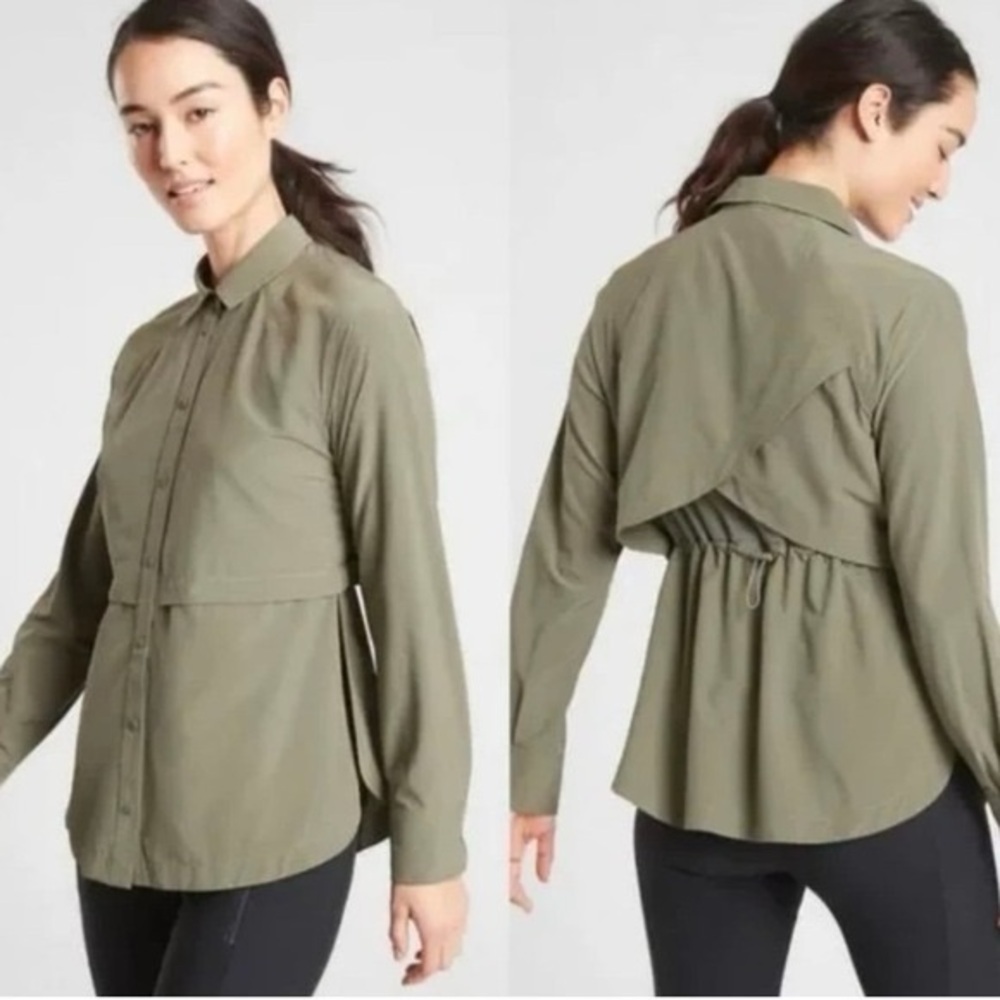 Athleta Womens Northstar Shirt, Olive Green, Featherweight Stretch, S